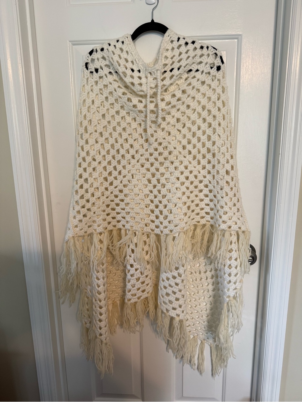 Vintage Handmade Cream Crochet Hooded Fringe Poncho Cape Boho Granny Square